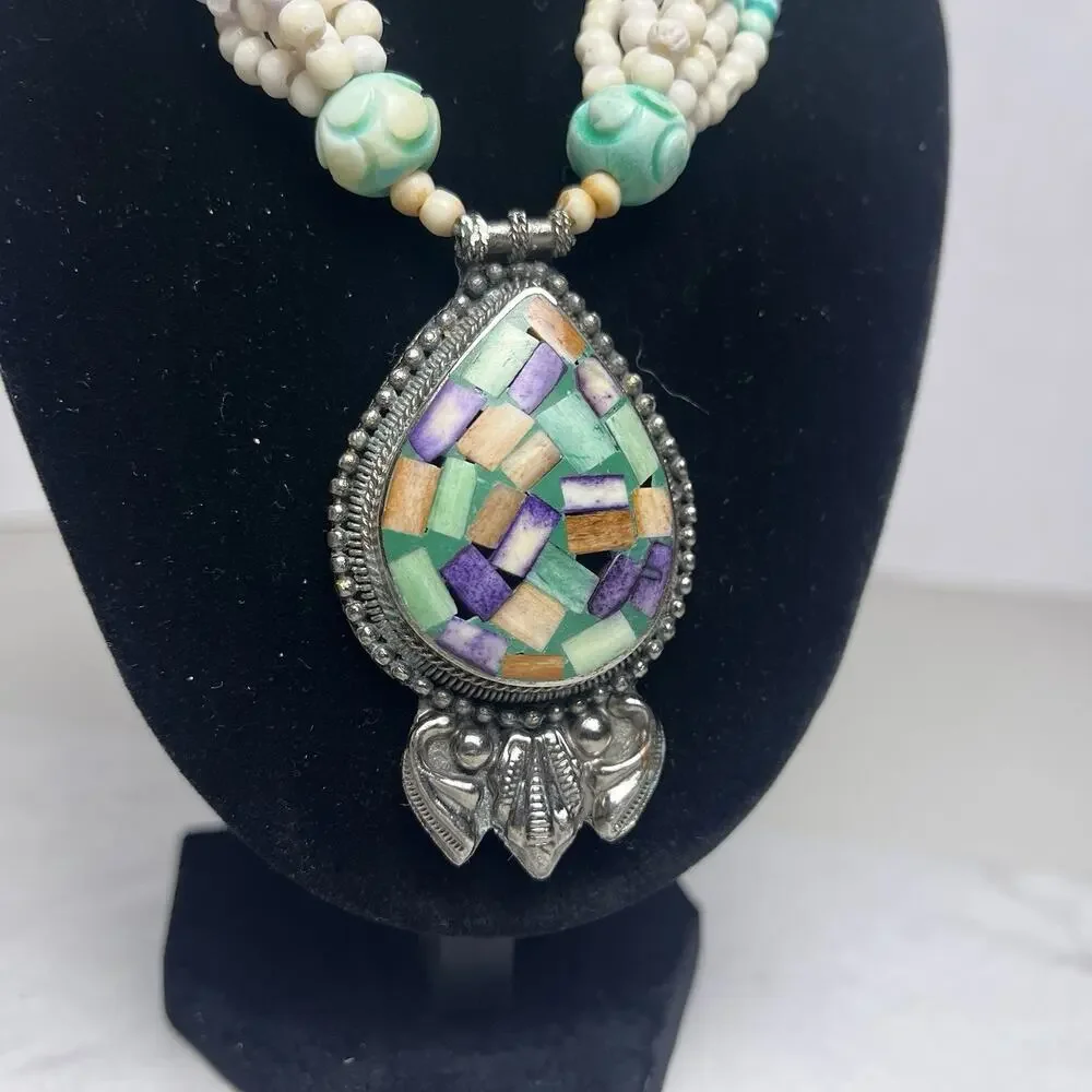 Mosaic Teardrop Pendant Western Tribal Multi Strand Beaded Necklace Silver Tone